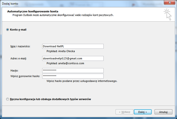 Automatyczne konfigurowanie konta Gmail w Outlooku