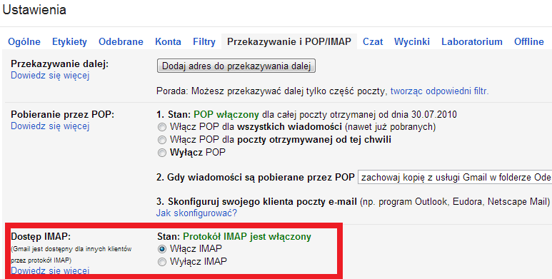 Przygotowanie Gmaila do konfiguracji przez IMAP
