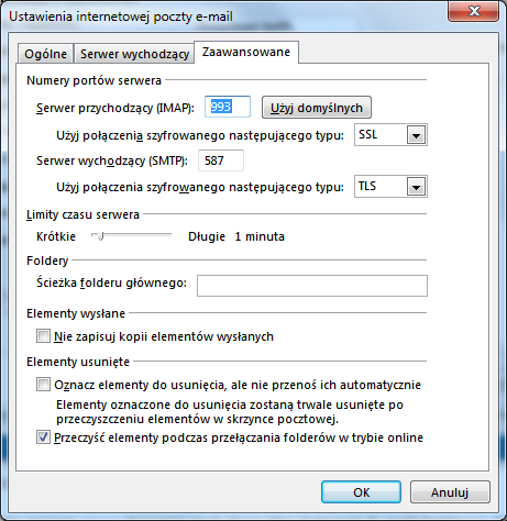 Zaawansowanie ustawienia dodawanego konta w Outlooku