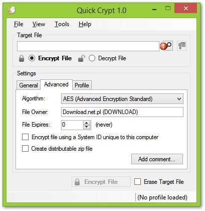Quick Crypt - zaawansowane ustawienia szyfrowania