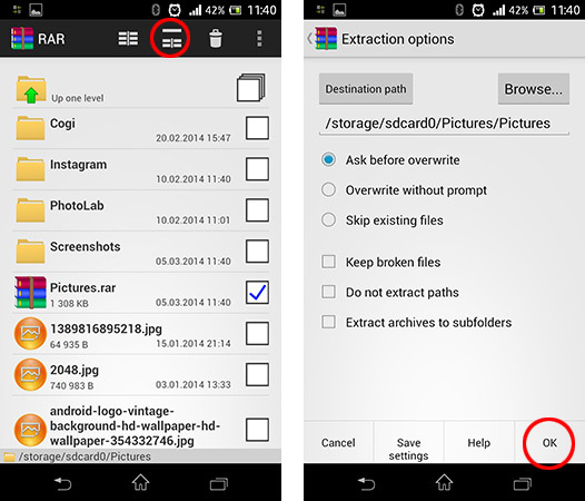Rozpakowywanie spakowanych plików w RAR for Android