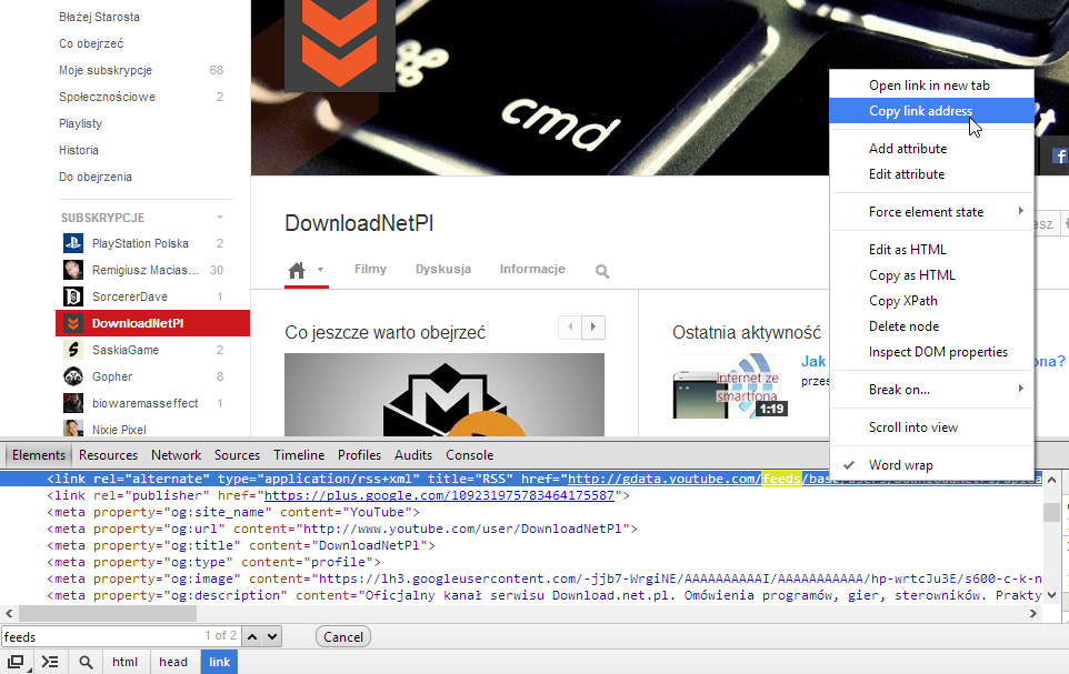 Kopiowanie adresu RSS wybranego kanału