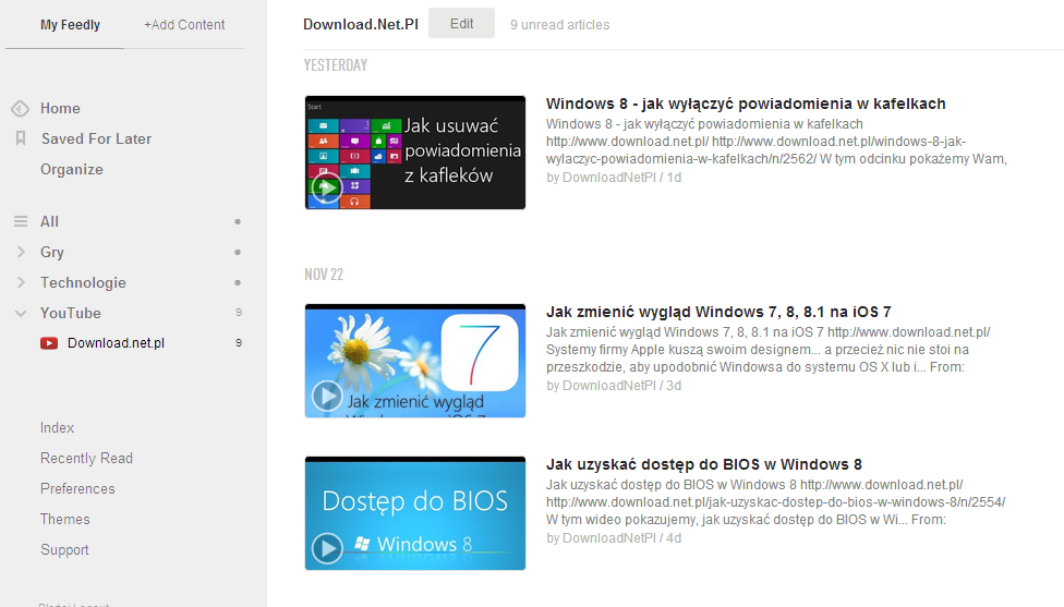 Feedly - wyświetlanie nowych filmów z subskrypcji RSS kanału na YouTube
