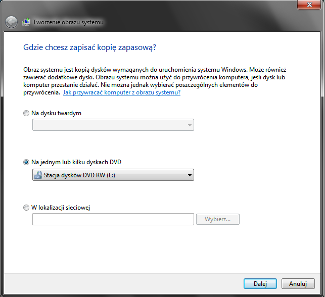 Wybór miejsca do zapisania kopii zapasowej systemu