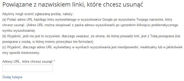 Podanie adresów do usunięcia z Google