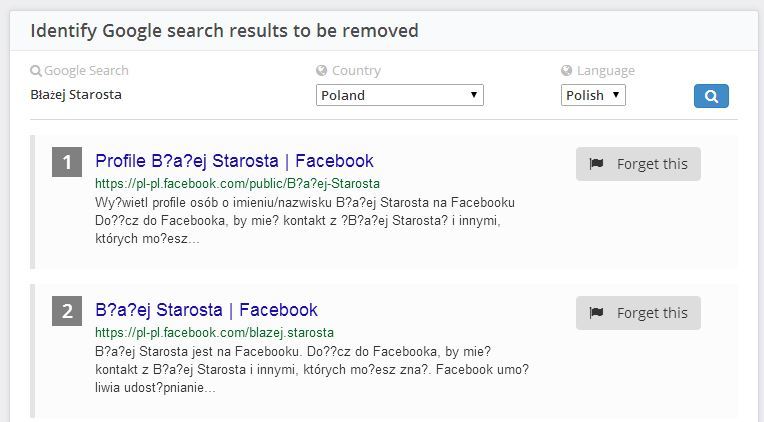 Wyszukiwanie stron w Forget.me