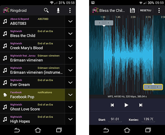Ringdroid - interfejs i przycinanie piosenki