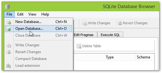 Otwieranie pliku bazy w SQLite Database Manager