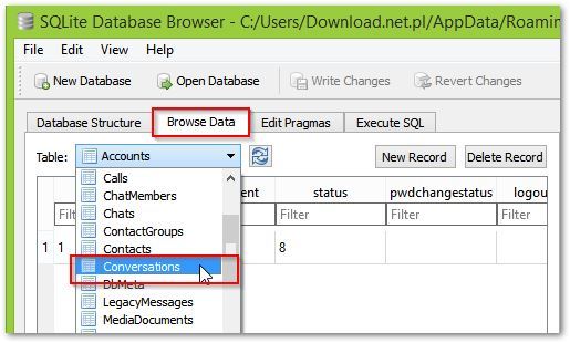 Wyszukanie konwersacji w pliku main.db - Skype