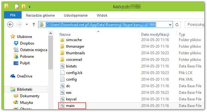 Wyszukiwanie pliku main.db - Skype