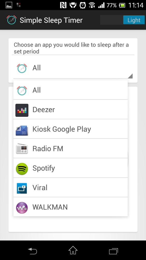 Wybór aplikacji z listy w Simple Sleep Timer