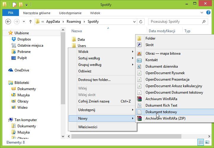 Katalog Spotify - tworzenie nowego dokumentu tekstowego