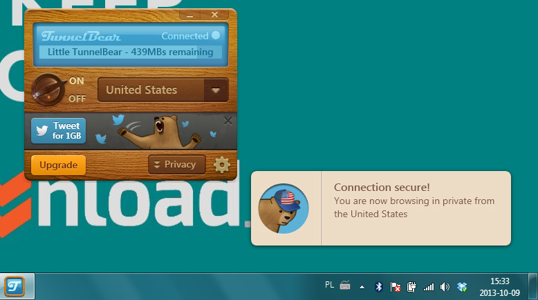 TunnelBear - łączenie się z amerykańskim VPN