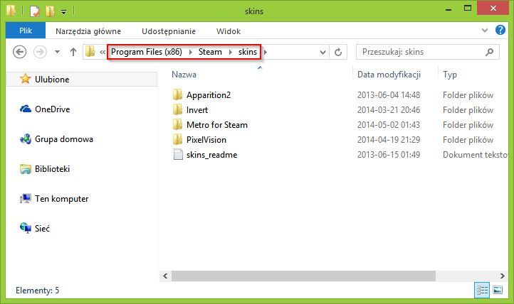 Katalog Skins w folderze Steam
