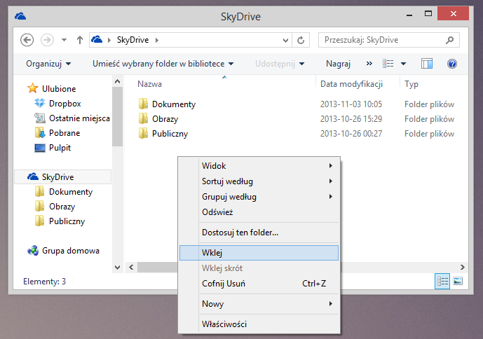 Przenoszenie folderu do SkyDrive lub innej chmury