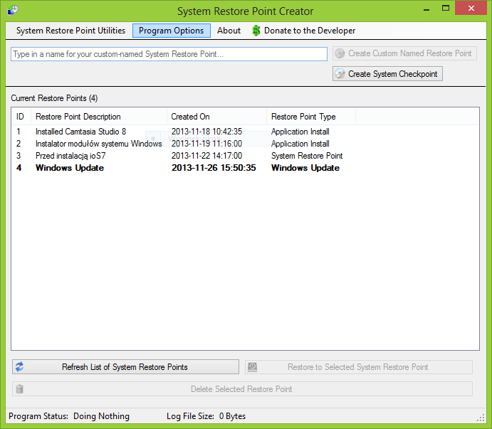 System Restore Point Creator - okno programu