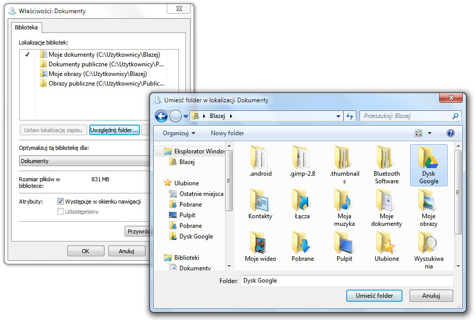 Umieszczanie Dysku Google w bibliotece Dokumenty