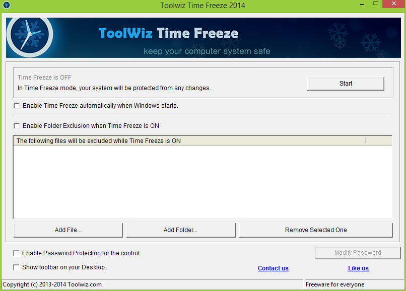 ToolWiz Time Freeze 2014 - główne okno programu