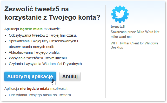 Autoryzacja aplikacji Tweetz na Twitterze