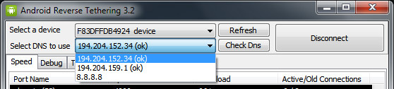 Android Reverse Tethering - wybór serwera DNS