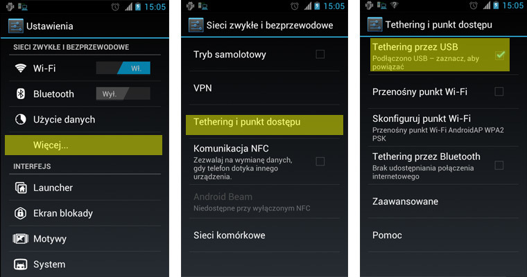 Tethering przez USB