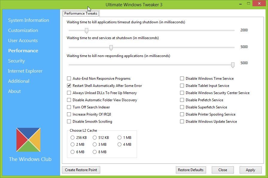 Ultimate Windows Tweaker 3 - ustawienia wydajności