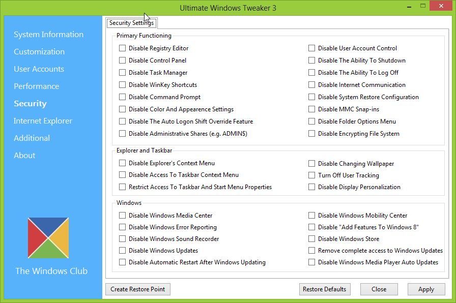 Ultimate Windows Tweaker 3 - zakładka Bezpieczeństwo