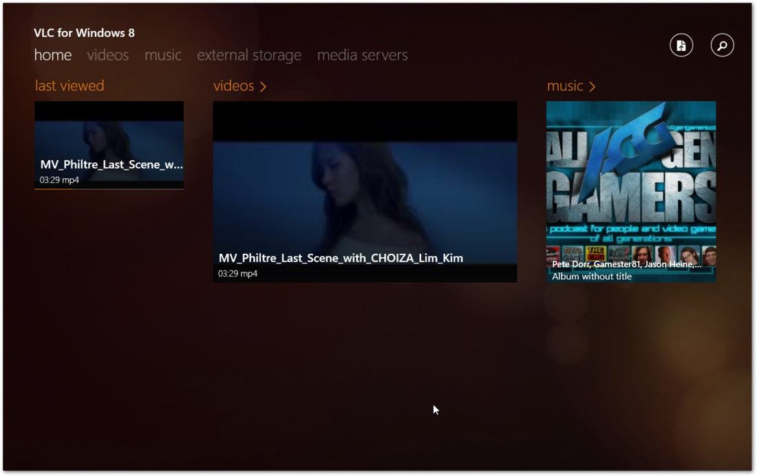 VLC dla Windows 8 - główny ekran
