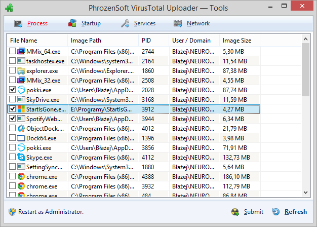 Skanowanie procesów systemowych przez VirusTotal