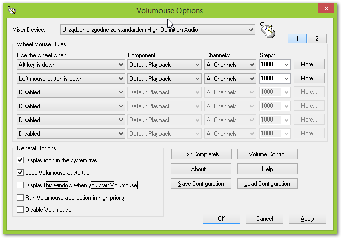 Volumouse - konfiguracja programu