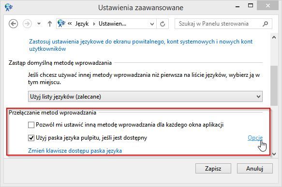 Ustawienia zaawansowane języka w Windows 8.1