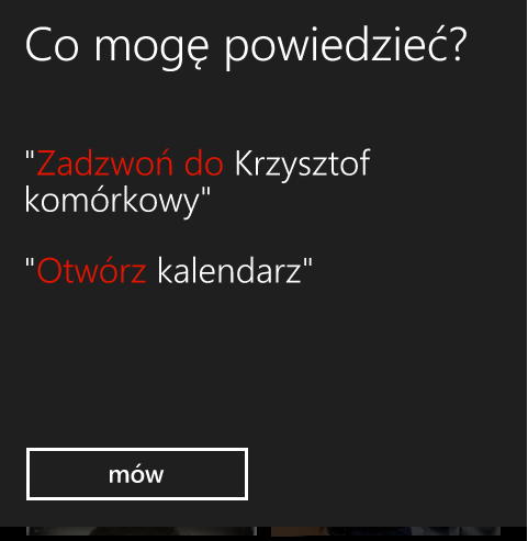 Podpowiedzi w funkcji mowy w Windows Phone