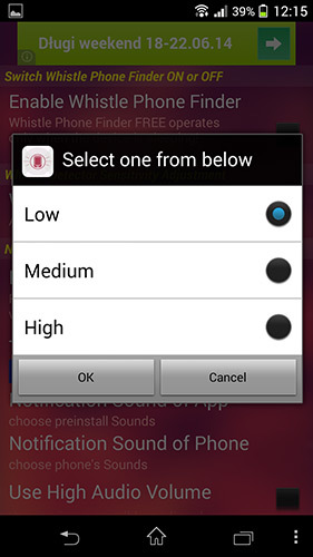 Wybór czułości nasłuchiwania przez aplikację