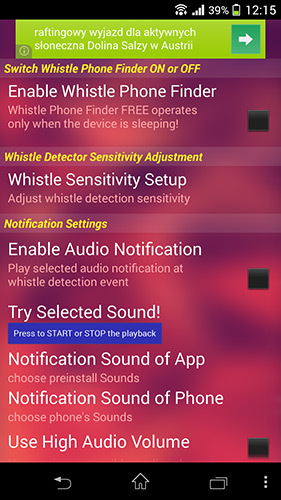 Główny ekran aplikacji Whistle Phone Finder