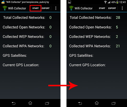 Wifi Collector - ekran główny i rozpoczęcie skanowania