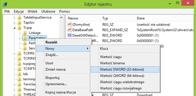 Dodawanie odpowiednich wartości do klucza Tcpip > Parameters