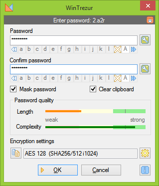 Wybór hasła i metody szyfrowania w WinTrezur