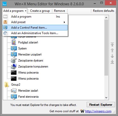 Win+X Menu Editor - dodawanie funkcji z panelu sterowania