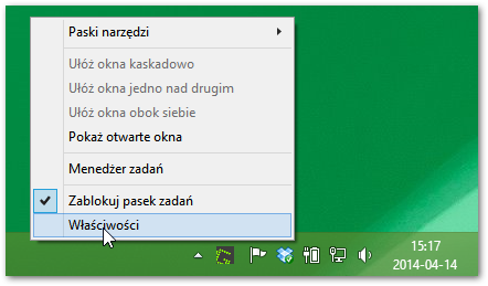 Przejście do właściwości paska zadań