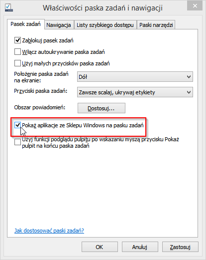 Ustawienia paska zadań
