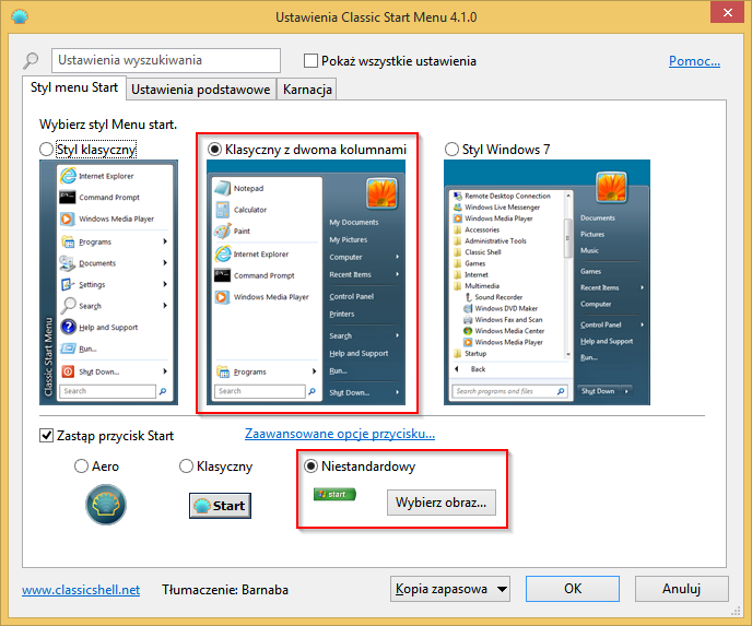 Classic Shell - ustawienia