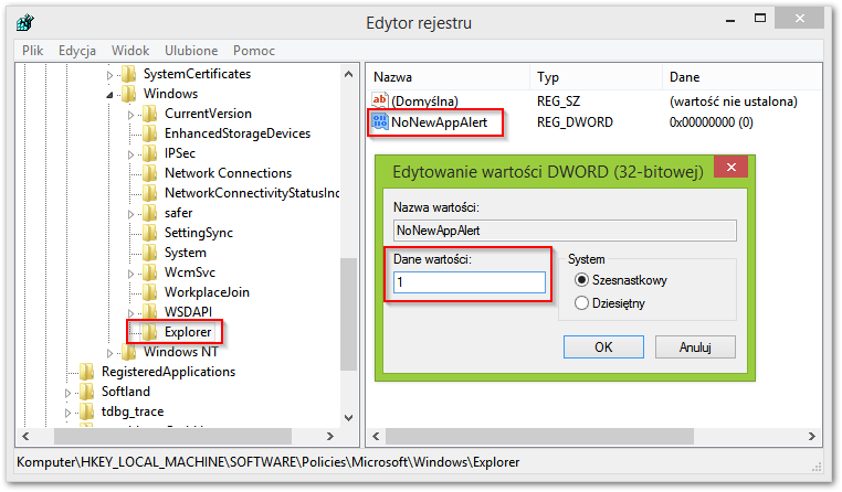 Tworzenie nowej wartości, która wyłączy komunikat w Windows 8