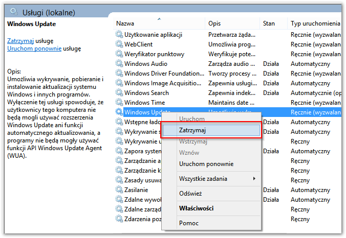 Zatrzymywanie usługi Windows Update