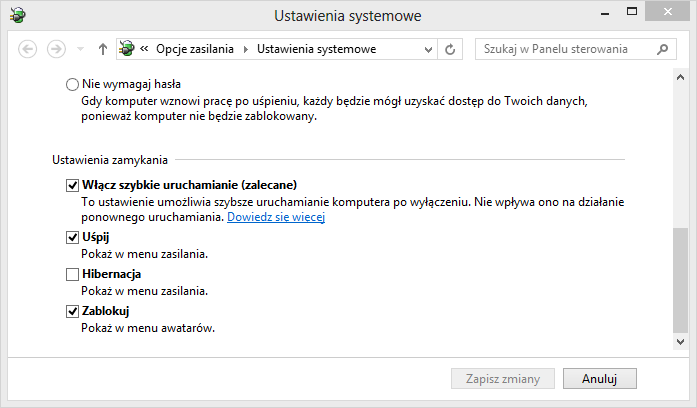 Włączanie szybkiego uruchamiania w Windows 8