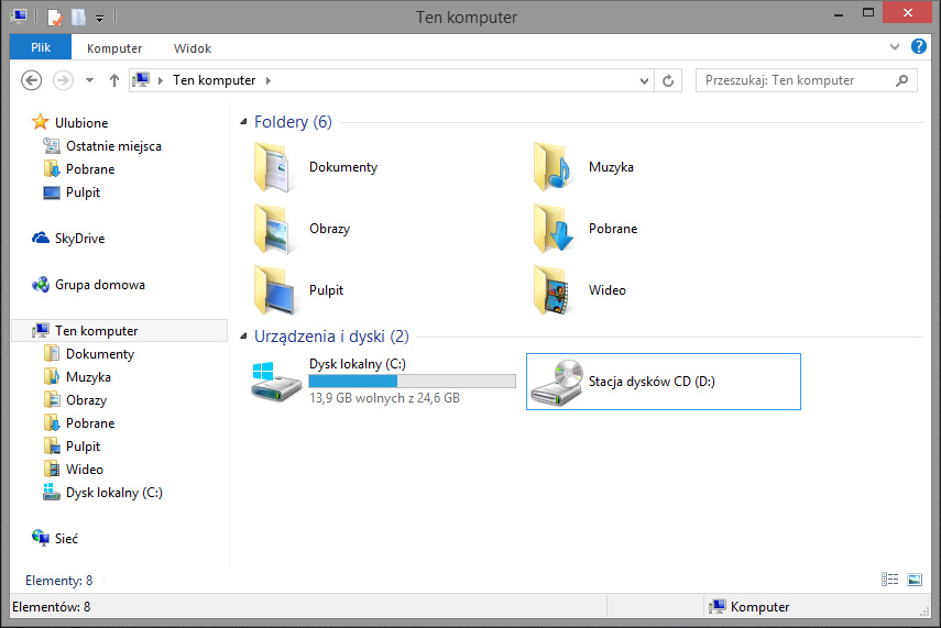 Biblioteki i foldery w oknie Ten Komputer - Windows 8.1