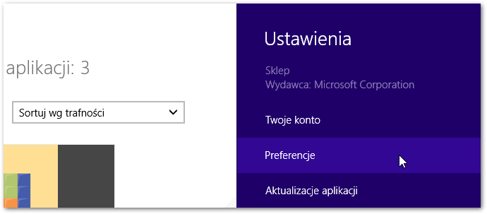 Przejście do preferencji Sklepu Windows 8