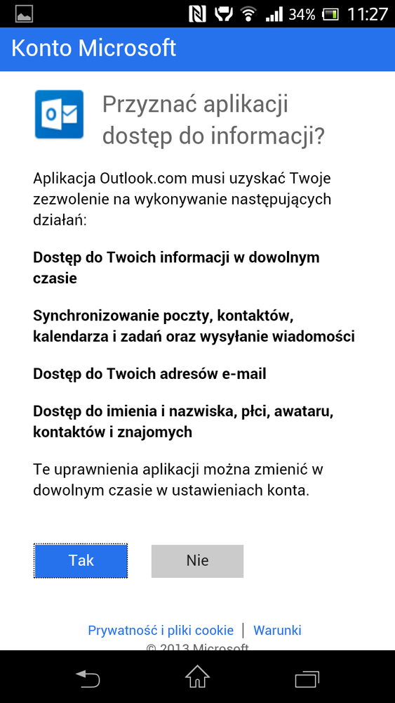 Outlook.com - udzielenie uprawnień aplikacji