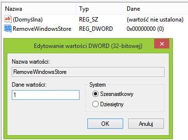 Edycja wartości DWORD do usunięcia Sklepu Windows 8