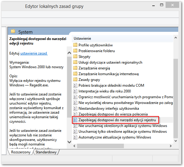 Zapobieganie dostępu do edytora rejestru