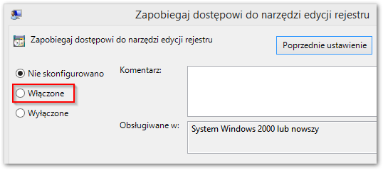 Włączenie blokady rejestru